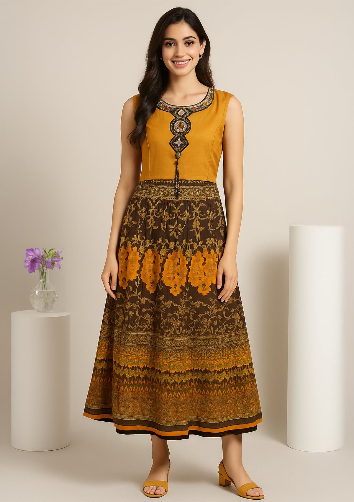 Elegant Mustard & Brown Silk Gown with Intricate Embellished Neckline