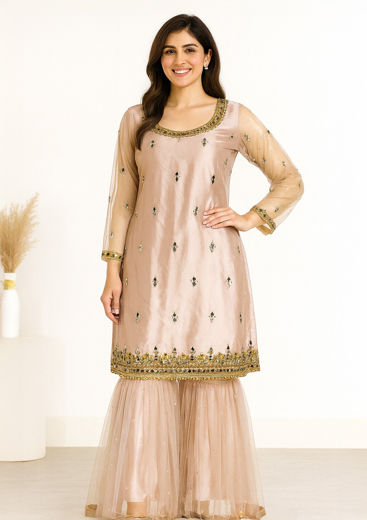 Elegant Peach Sharara Suit – Net on Silk with Embellished Detailing