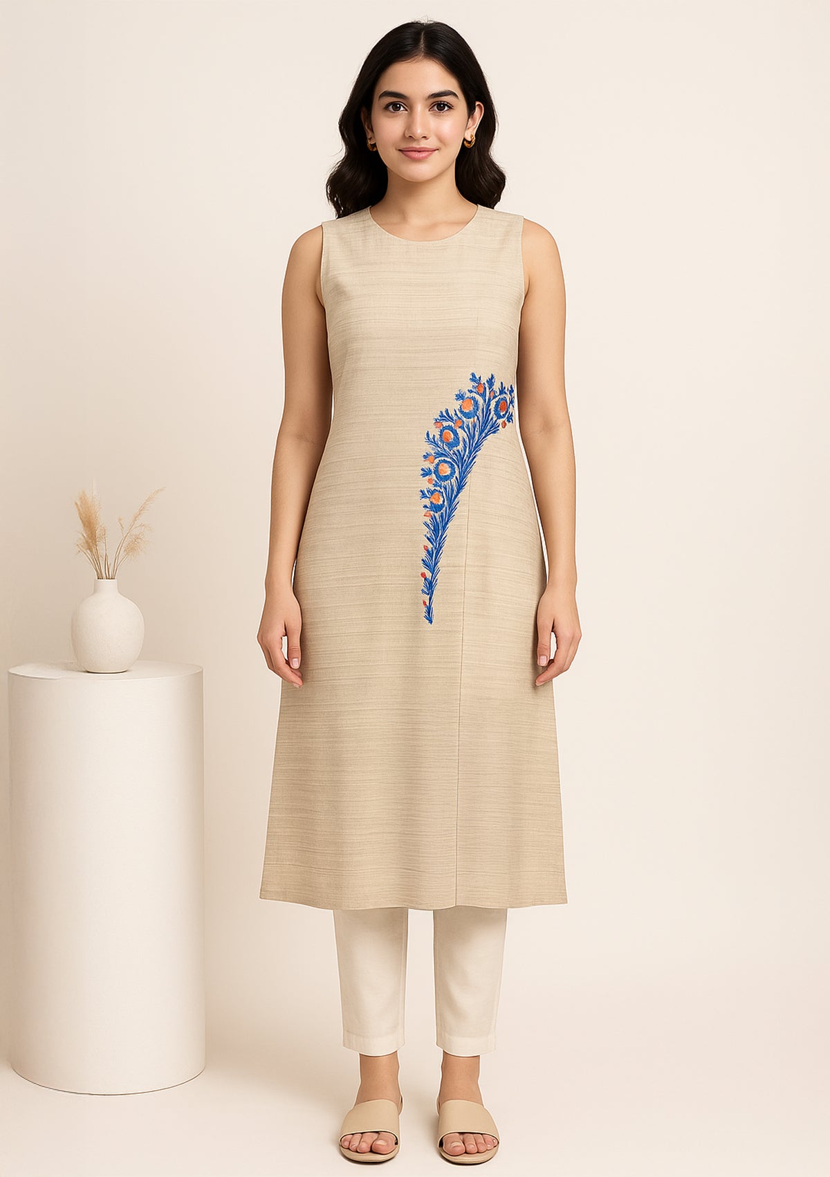 Beige Sleeveless Kurti with Floral Embroidery
