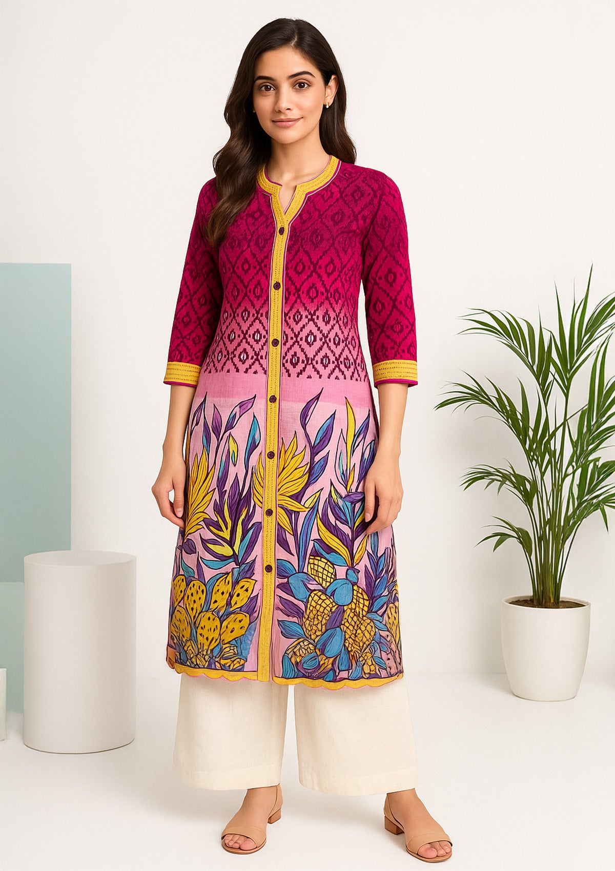 Women Straight Kurti – Ombre Pink to Lavender & Vibrant Yellow