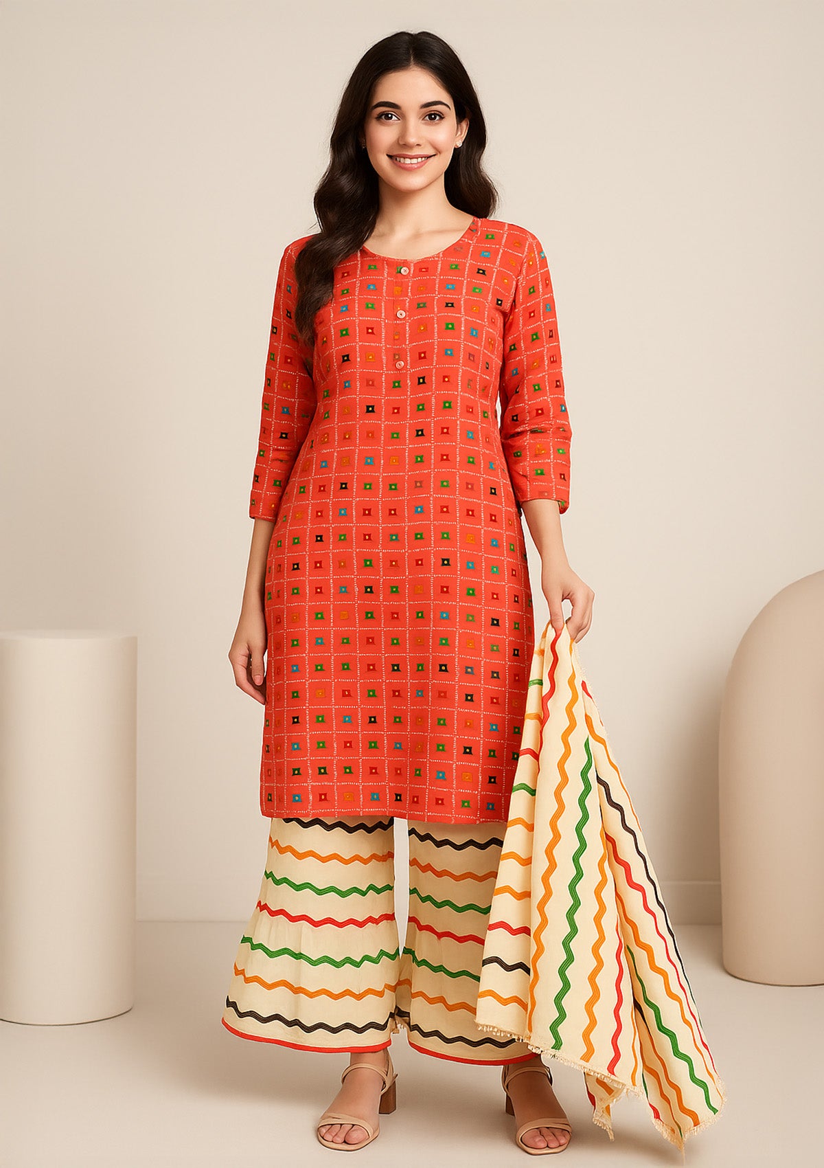 Vivid Orange Multicolor Printed Cotton - Straight Kurti Set