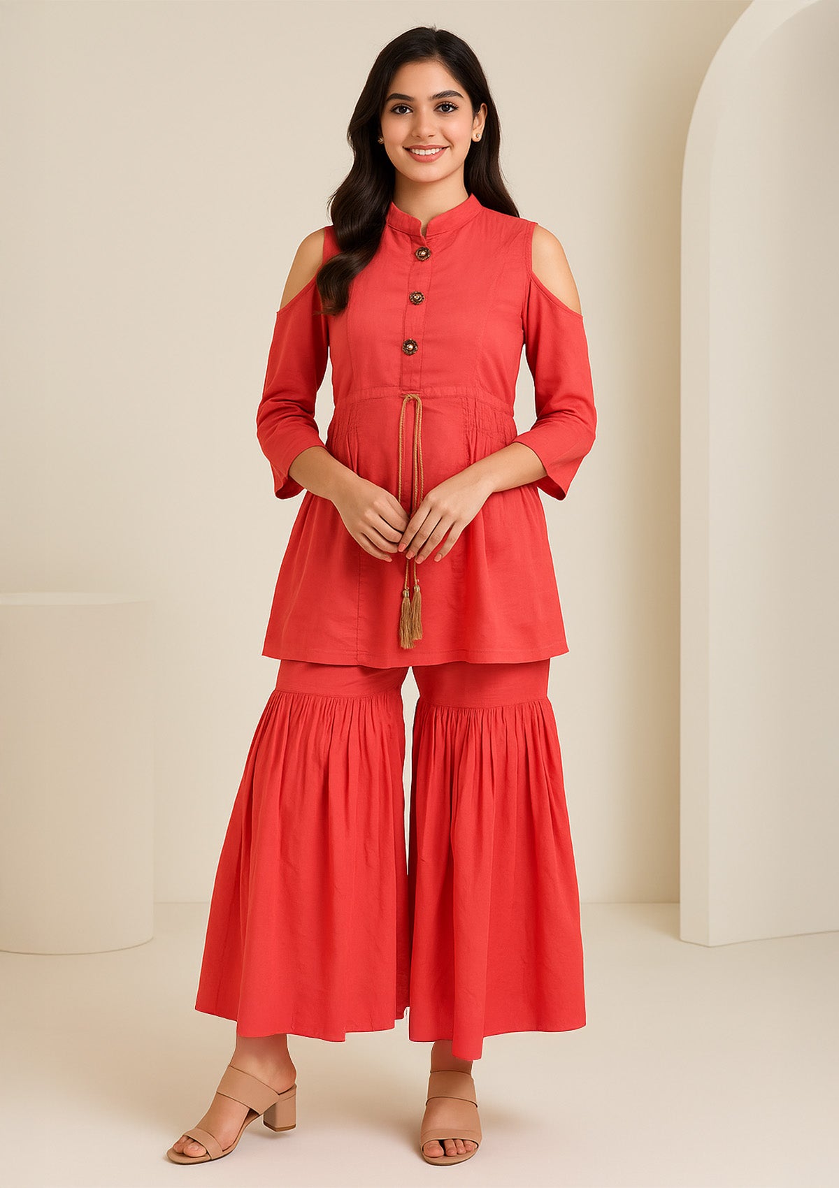 Trendy Solid Coral Pink Rayon Kurti Set with Coordinated Flared Sharara Pant