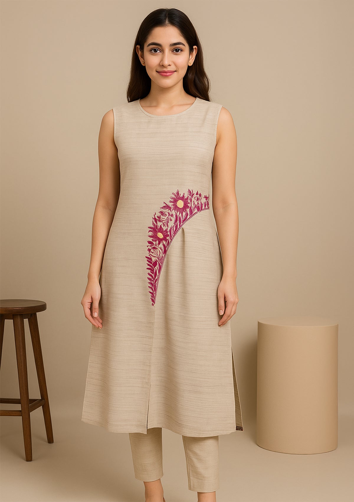 Beige Sleeveless Kurti with Floral Embroidery