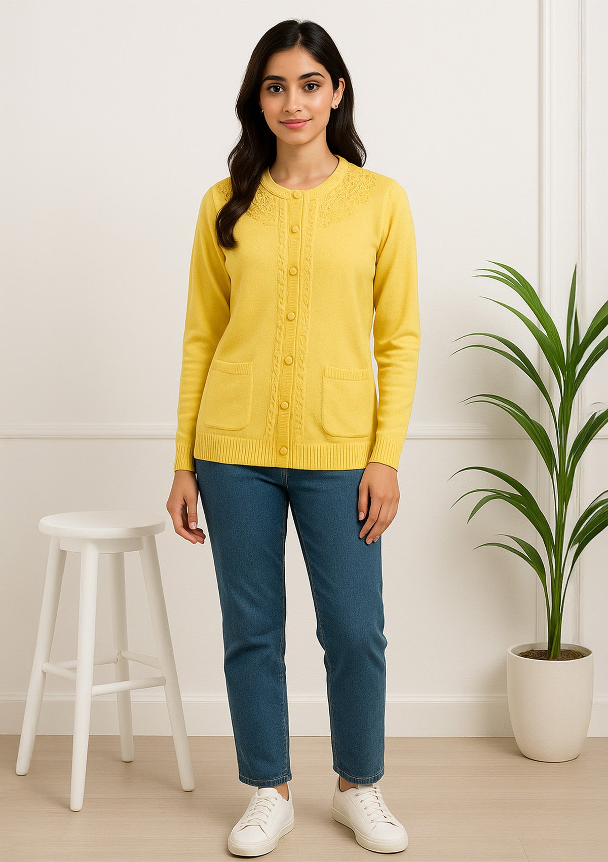Women's Yellow Embellished Yoke Cardigan – Pearl Bead Detail