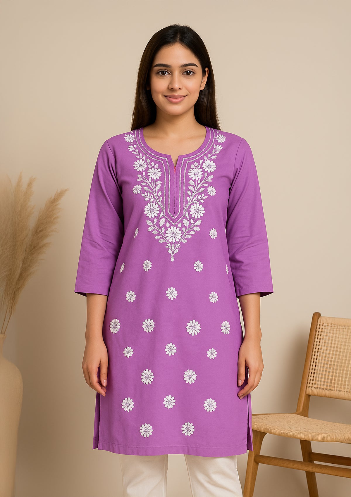 Chikankari Solid Women’s Long Kurta – Purple with White Embroidery