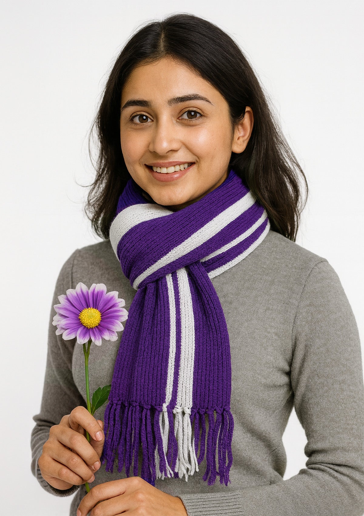 Women’s Purple & White Striped Winter Scarf – Soft Woolen Knit