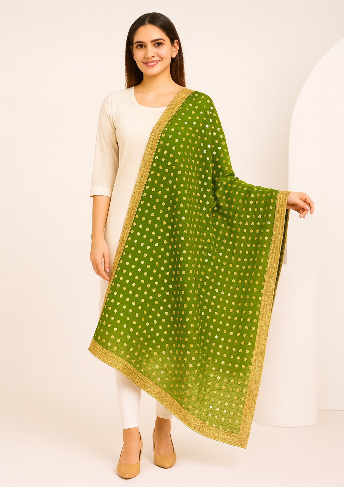 Designer Green Net Fabric Dupatta with Heavy Golden Sequin Work
