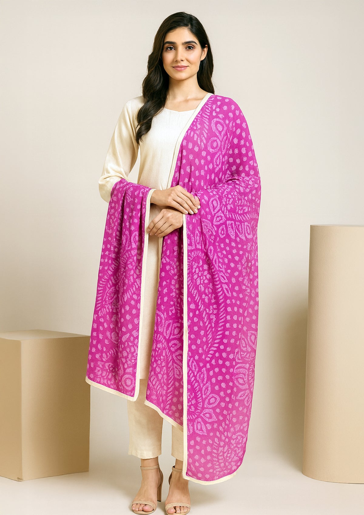 Magenta Pink Chiffon Dupatta with White Bandhani Print