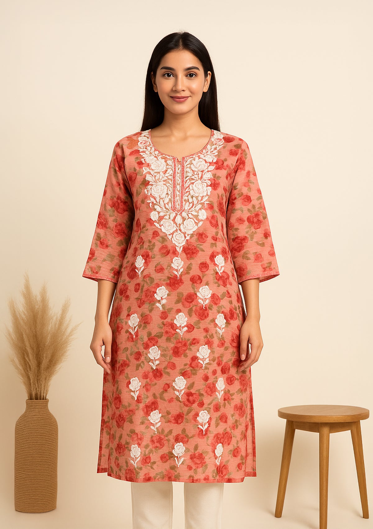 ClothingSutra Red Shades Floral Kota Doria Kurti with Embroidery 44