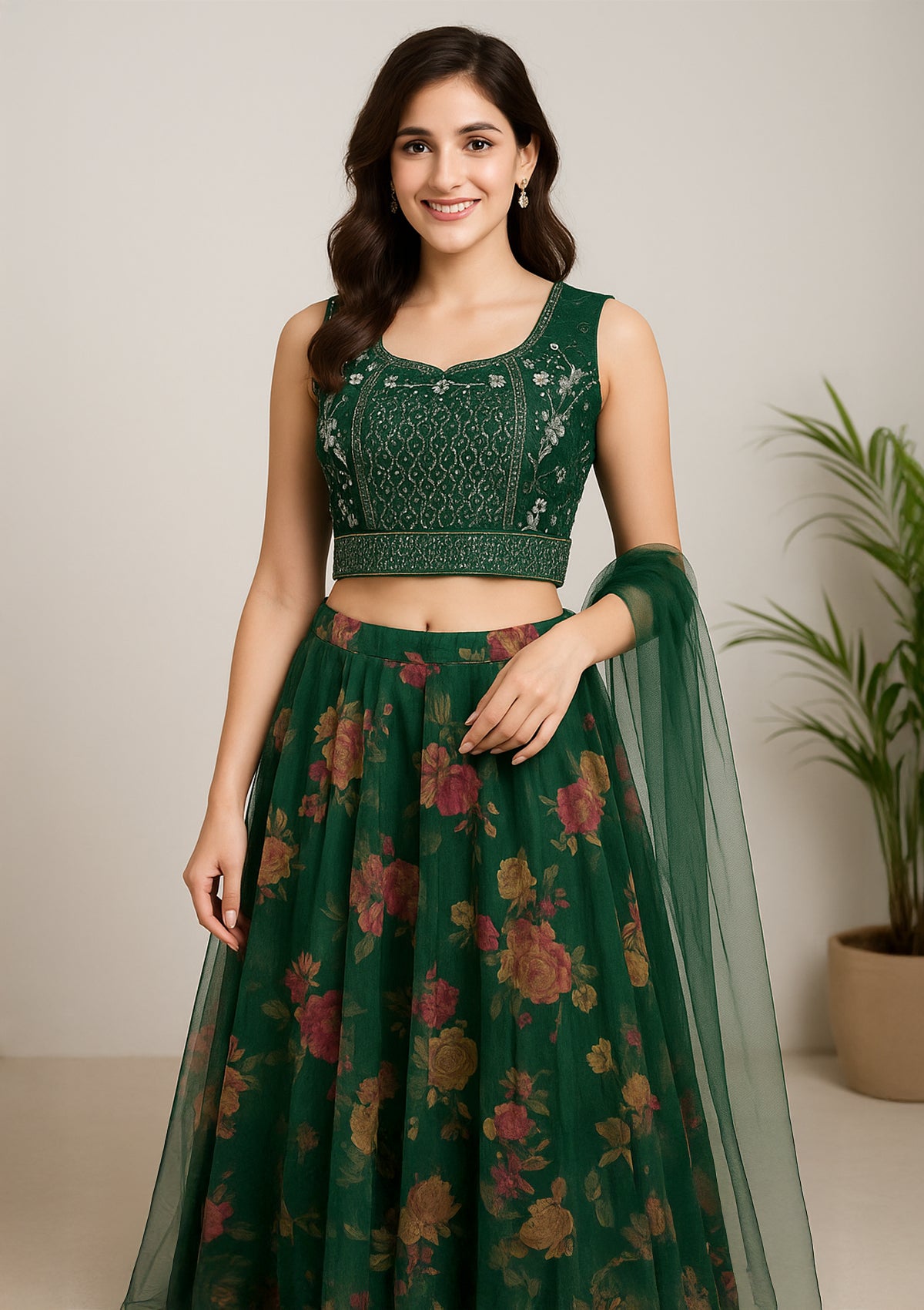 Green Silk & Net Lehenga Choli with Silver Embroidery Blouse