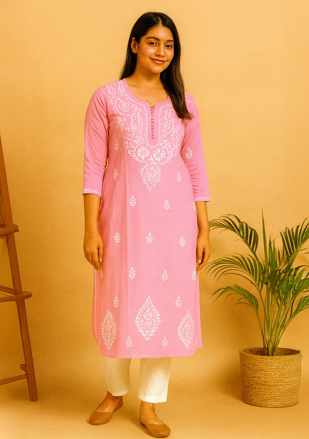 Chikankari Solid Women’s Long Kurta – Pink with White Embroidery