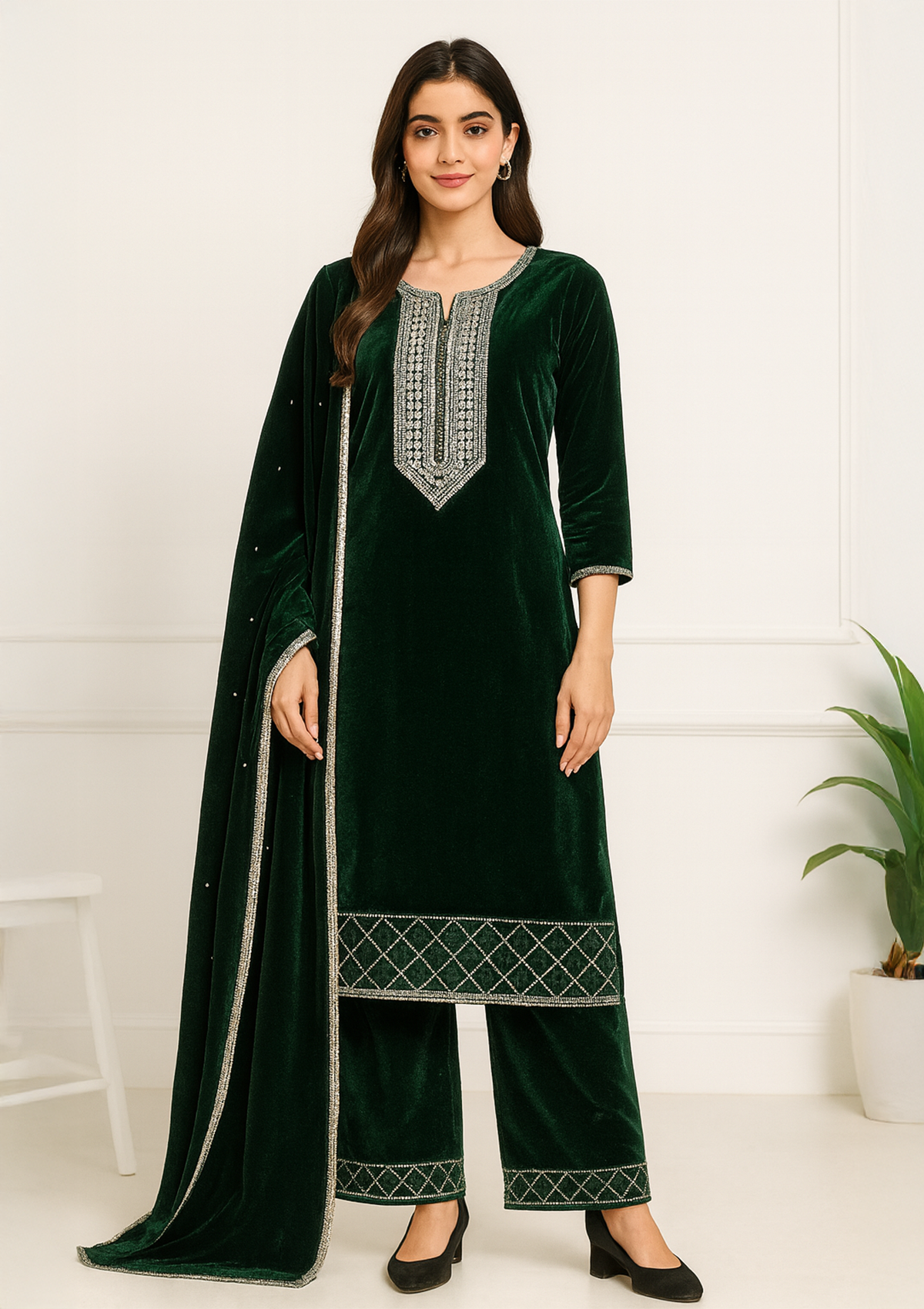 Unstitched Winter Velvet Suit Set with Stole – Deep Green