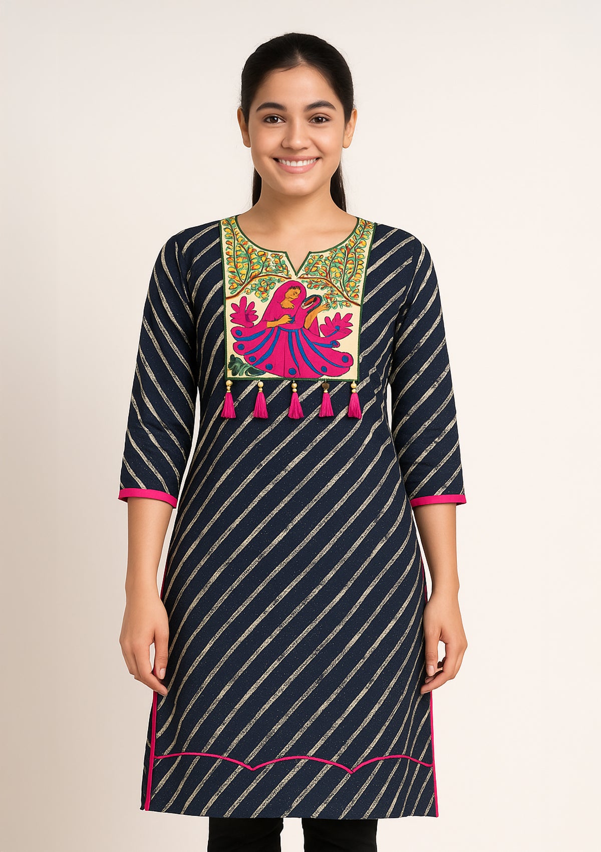 Navy Blue Cotton Kurti with Madhubani-Inspired Yoke