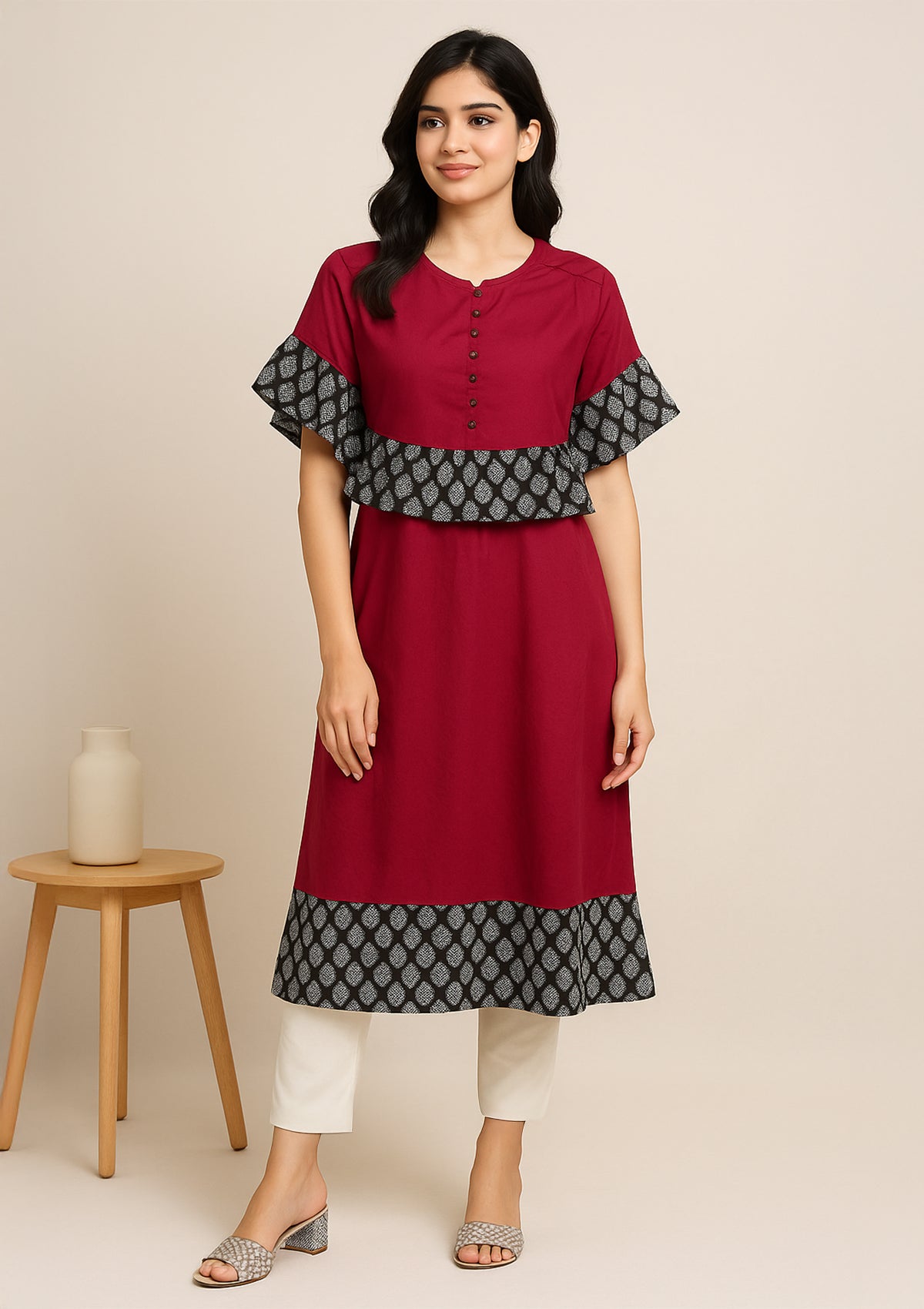 Maroon Two-Layered Rayon Kurti - Small