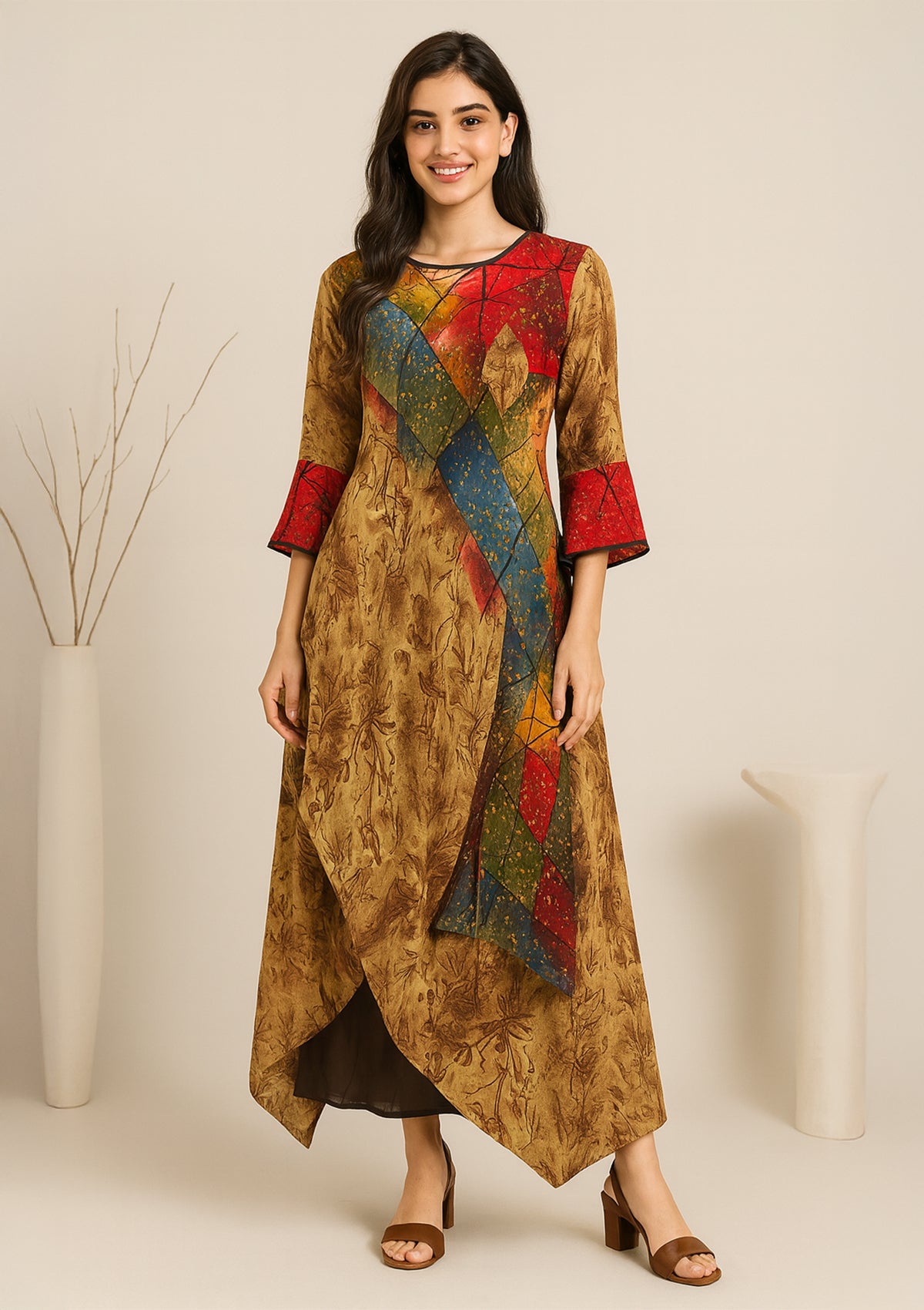 Brown & Multicolor Rayon Base with Georgette Printed Overlay Gown