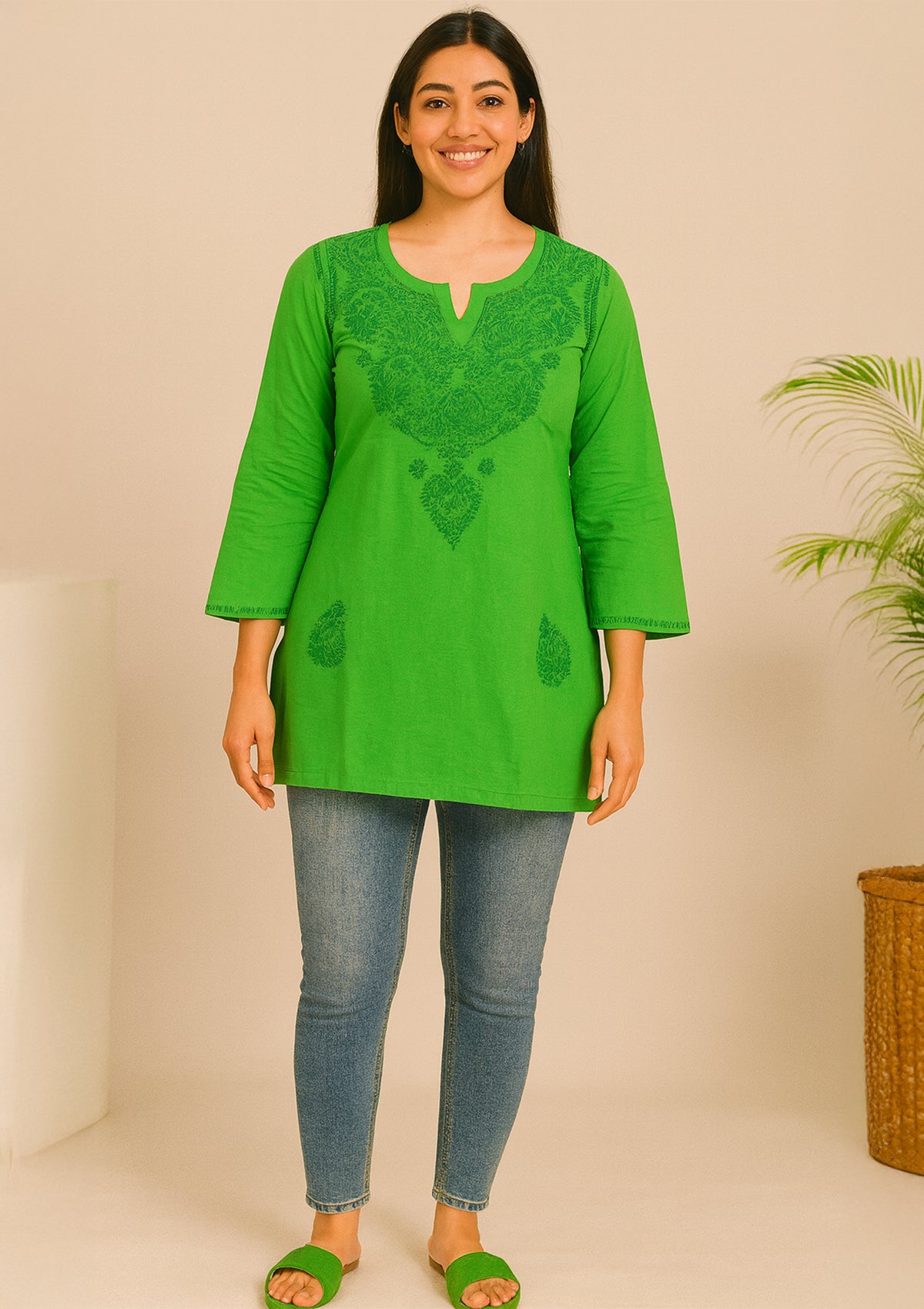 ClothingSutra Parrot Green Cotton Embroidered Kurti – Short Length 42