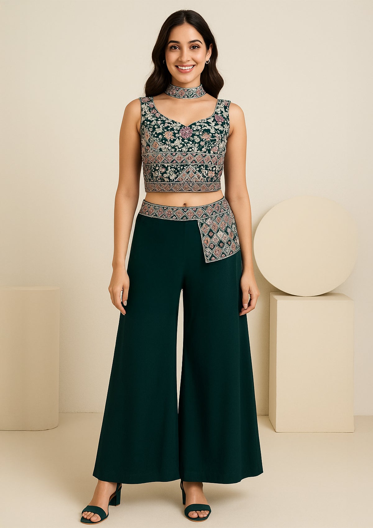 Green Georgette Co-ord Set with Embroidered Crop Top & Palazzo