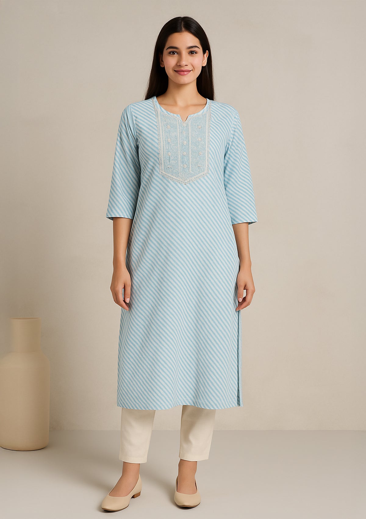 Light Blue Cotton Kurti with Silver Embroidery