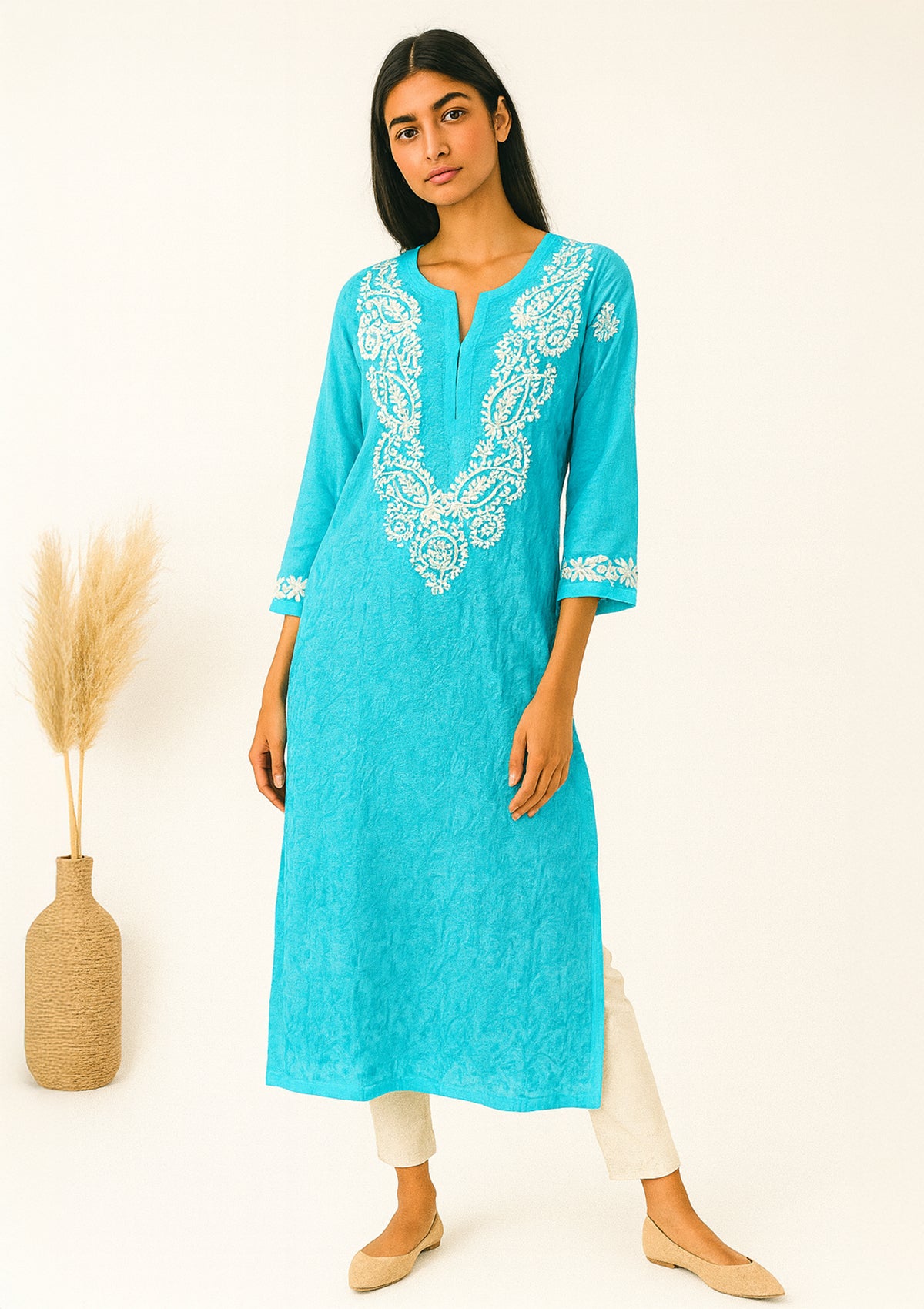 ClothingSutra Turquoise Blue Georgette Kurti with White Chikankari Embroidery 42