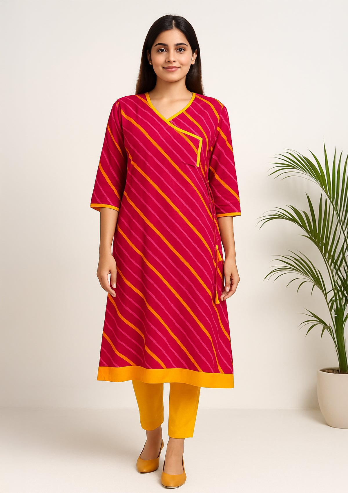 Pink and Yellow Cotton Kurti with Minimal Sparkle