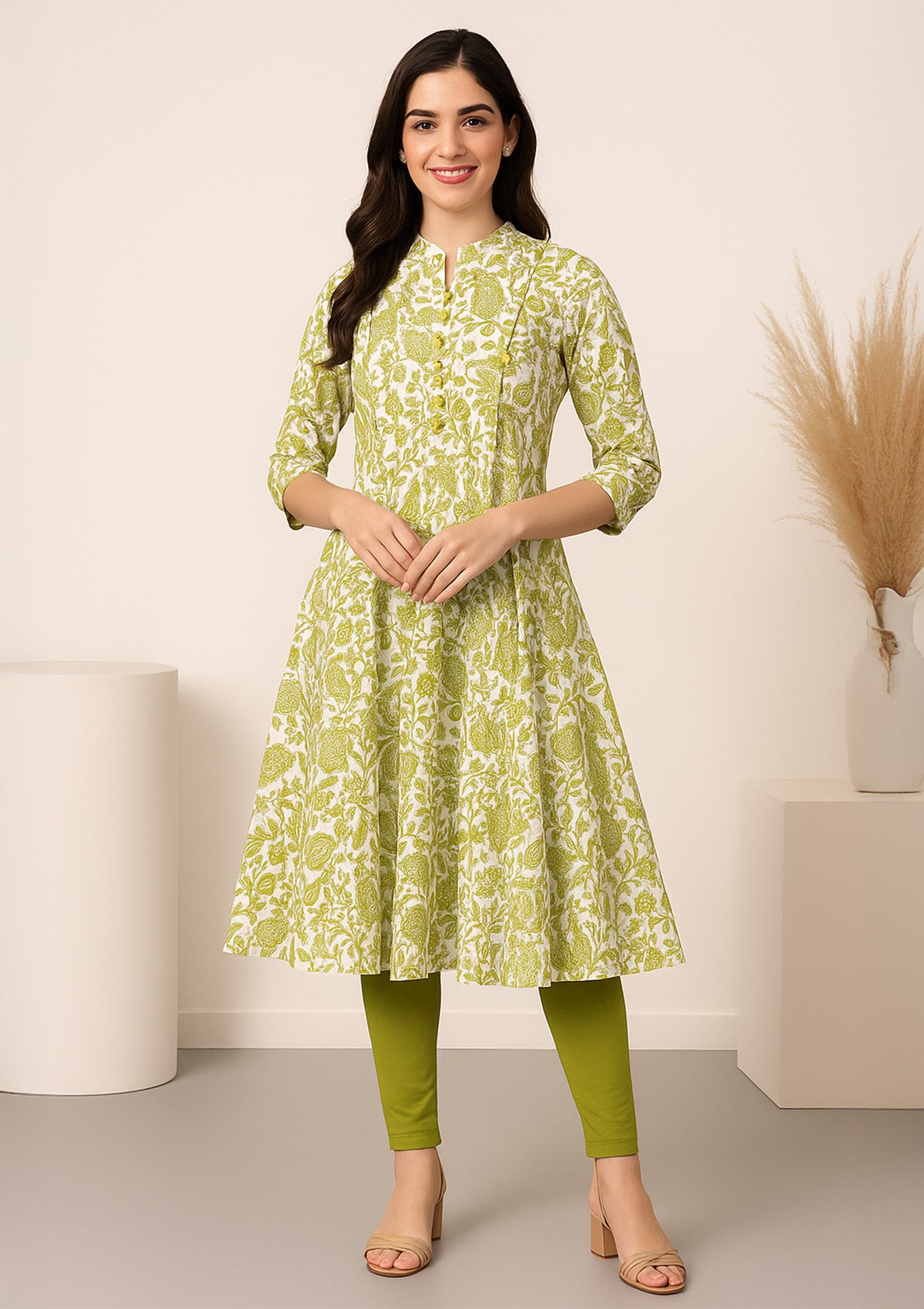 Elegant Green and White Floral Print Anarkali Flared Cotton Kurti