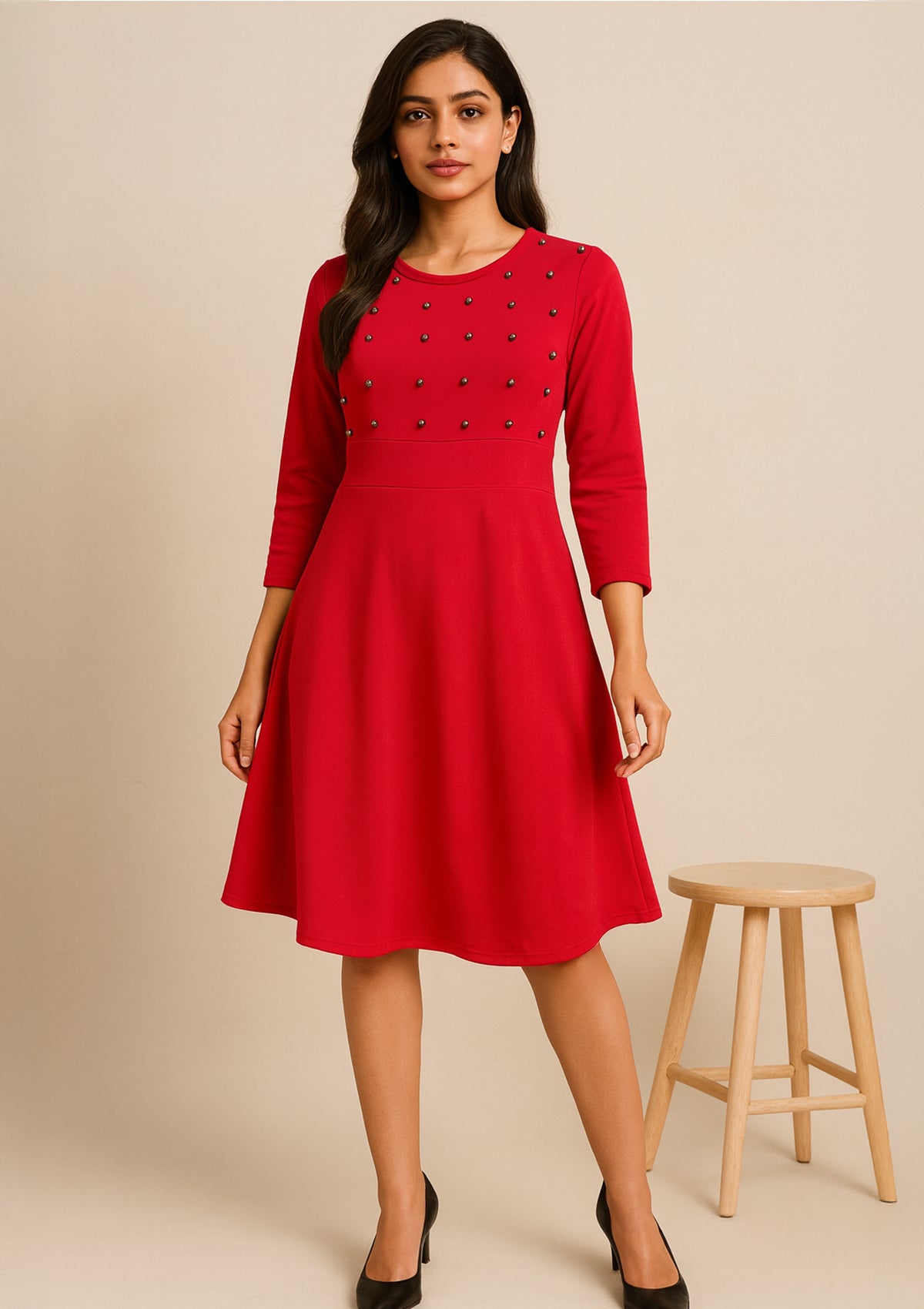 Women’s Red Spandex Stretchable Midi Dress – Pearl Studded