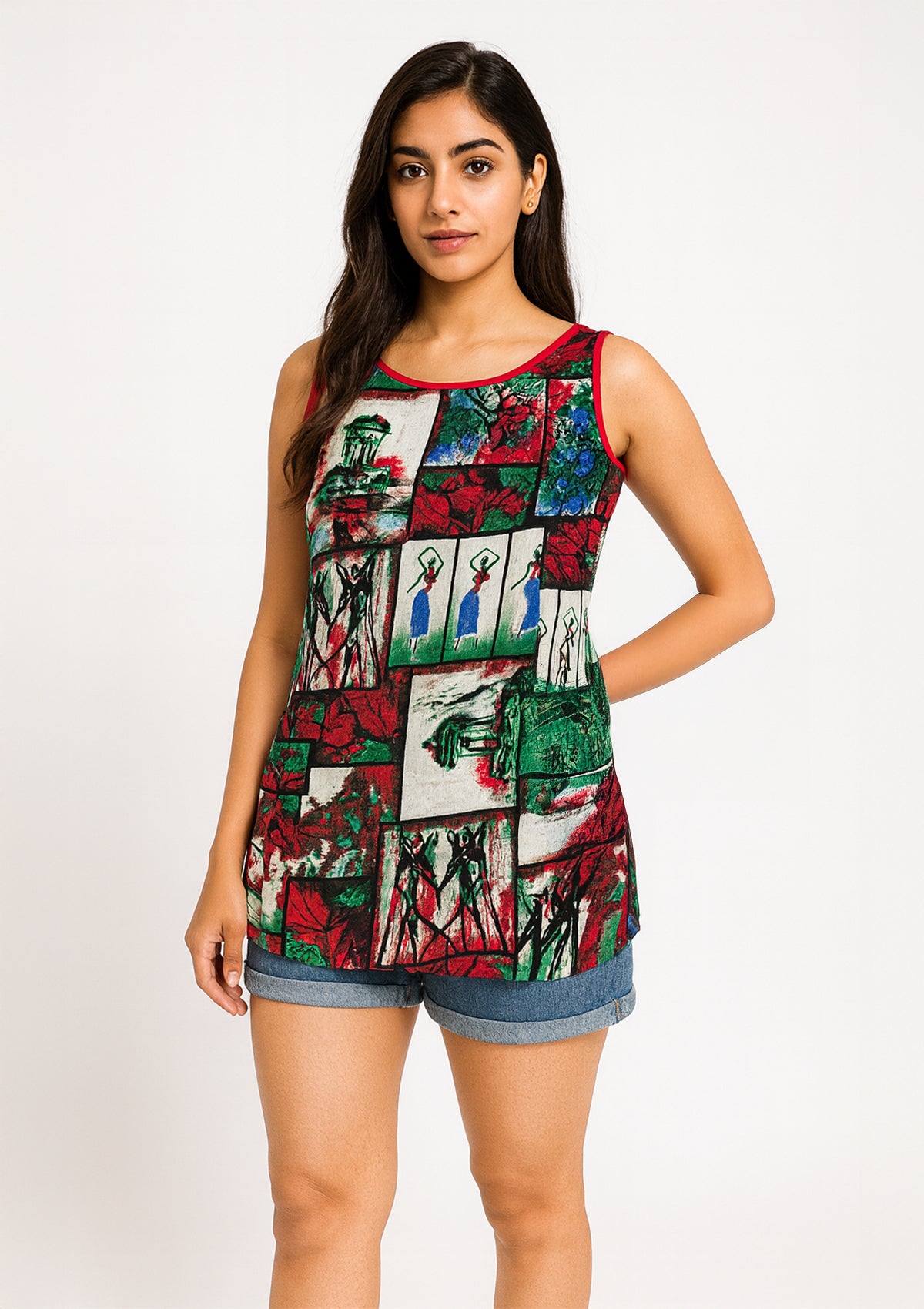 Women’s Cotton Sleeveless Short Kurta – Multicolor Block Print