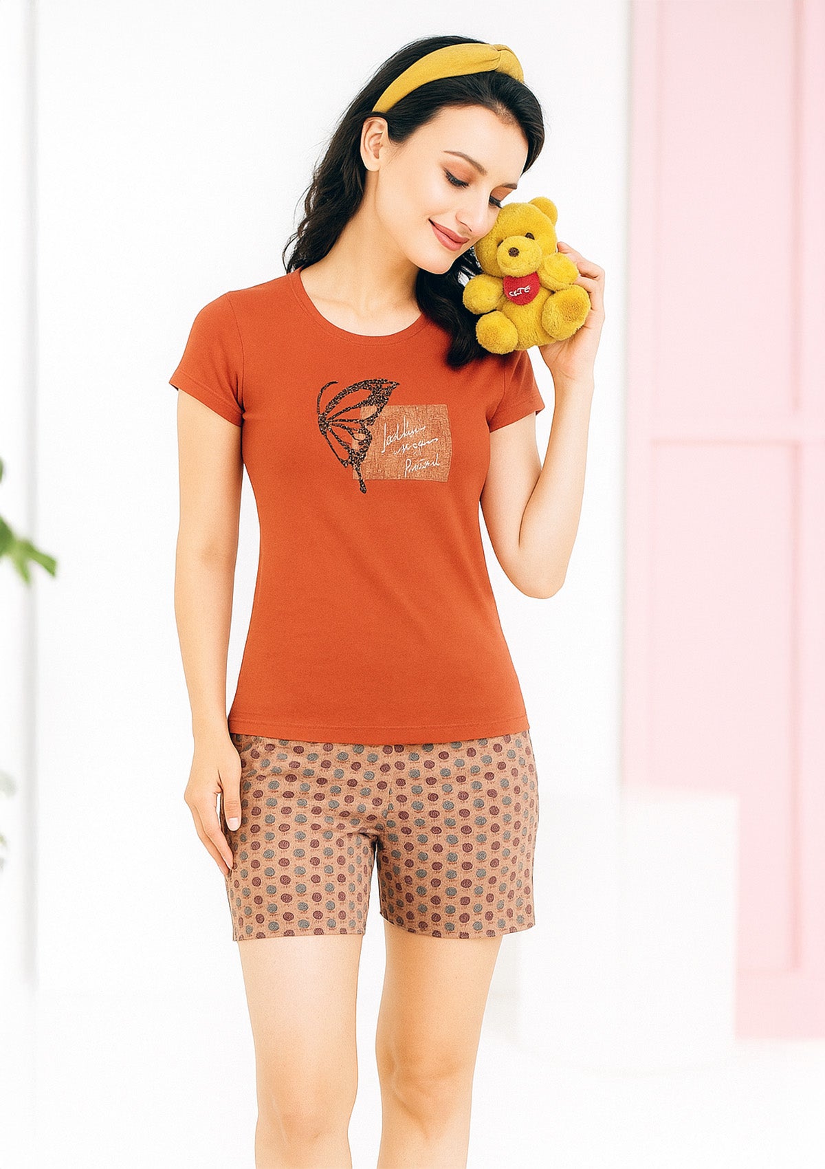 Rust Orange Graphic Tee and Geo Print Shorts Lounge Set