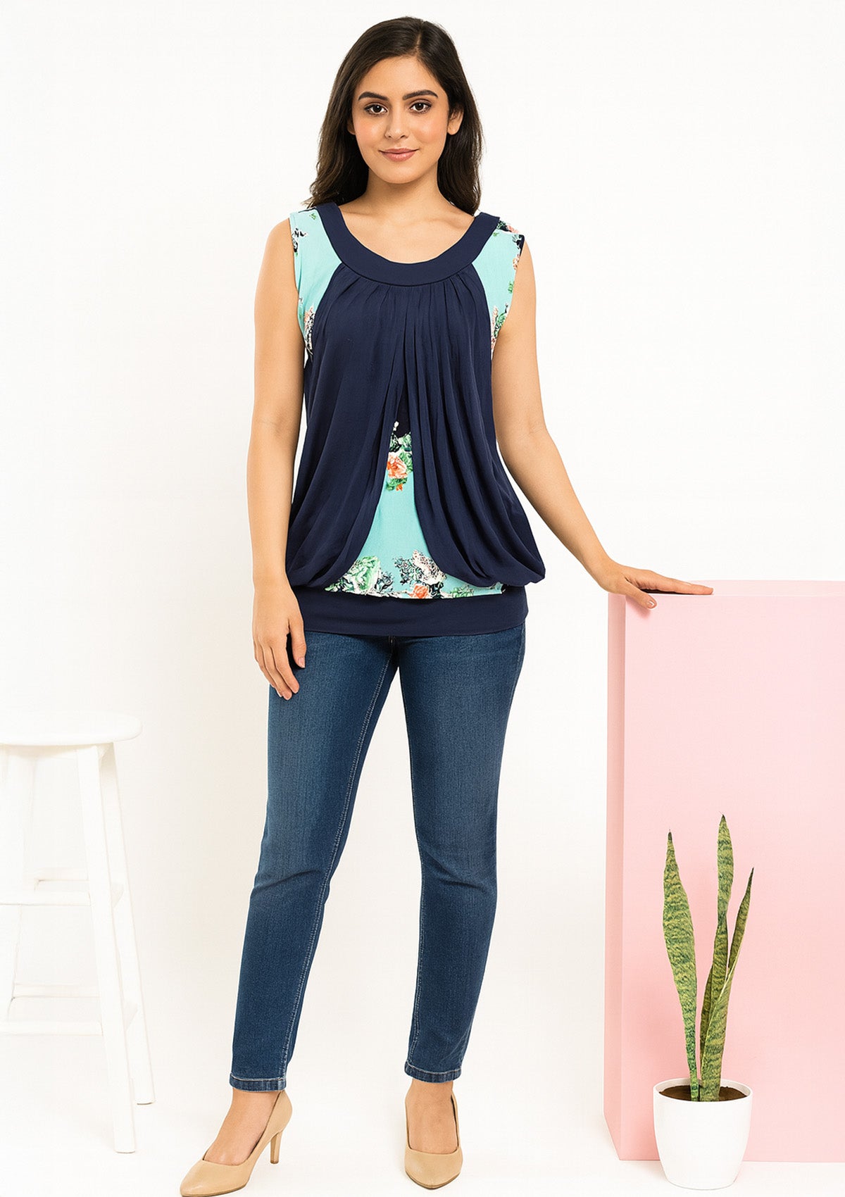 Navy Aqua Stretchable Top – Cap Sleeve & Floral Accent