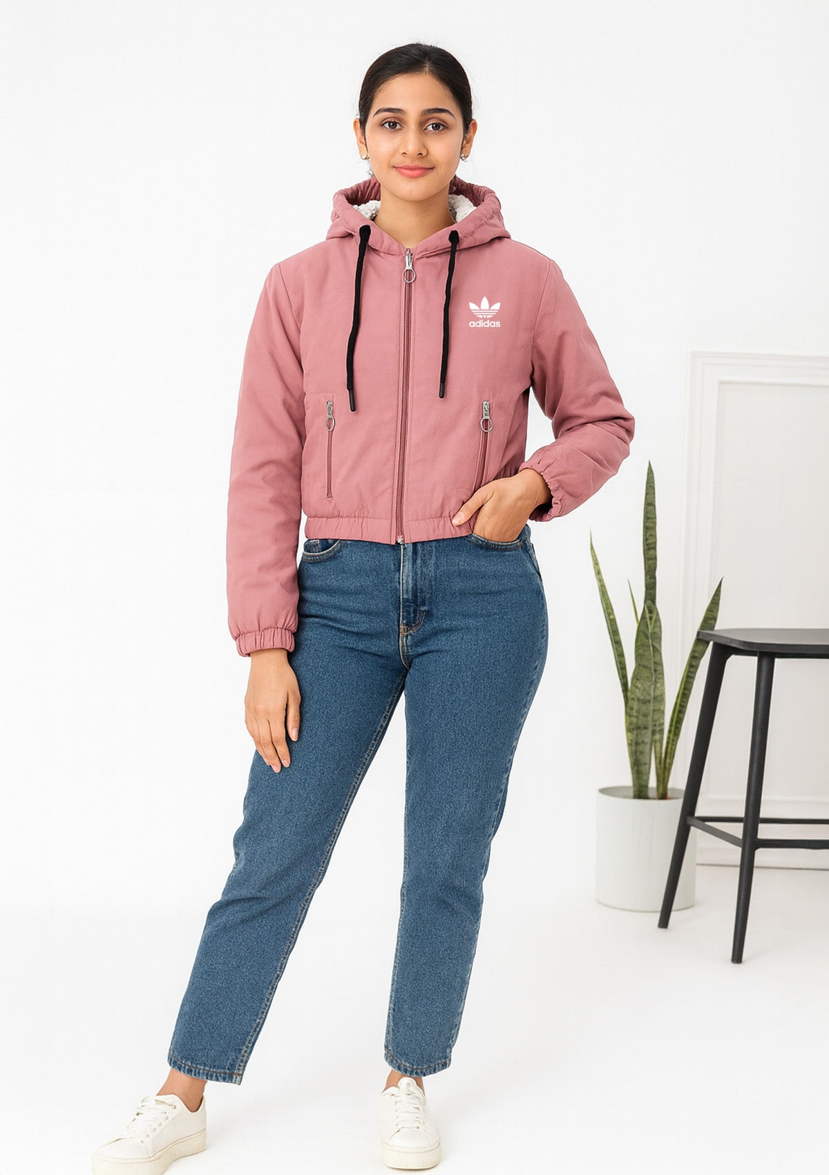 Mauve Crop Fleece Lined Hooded Jacket with Drawcords