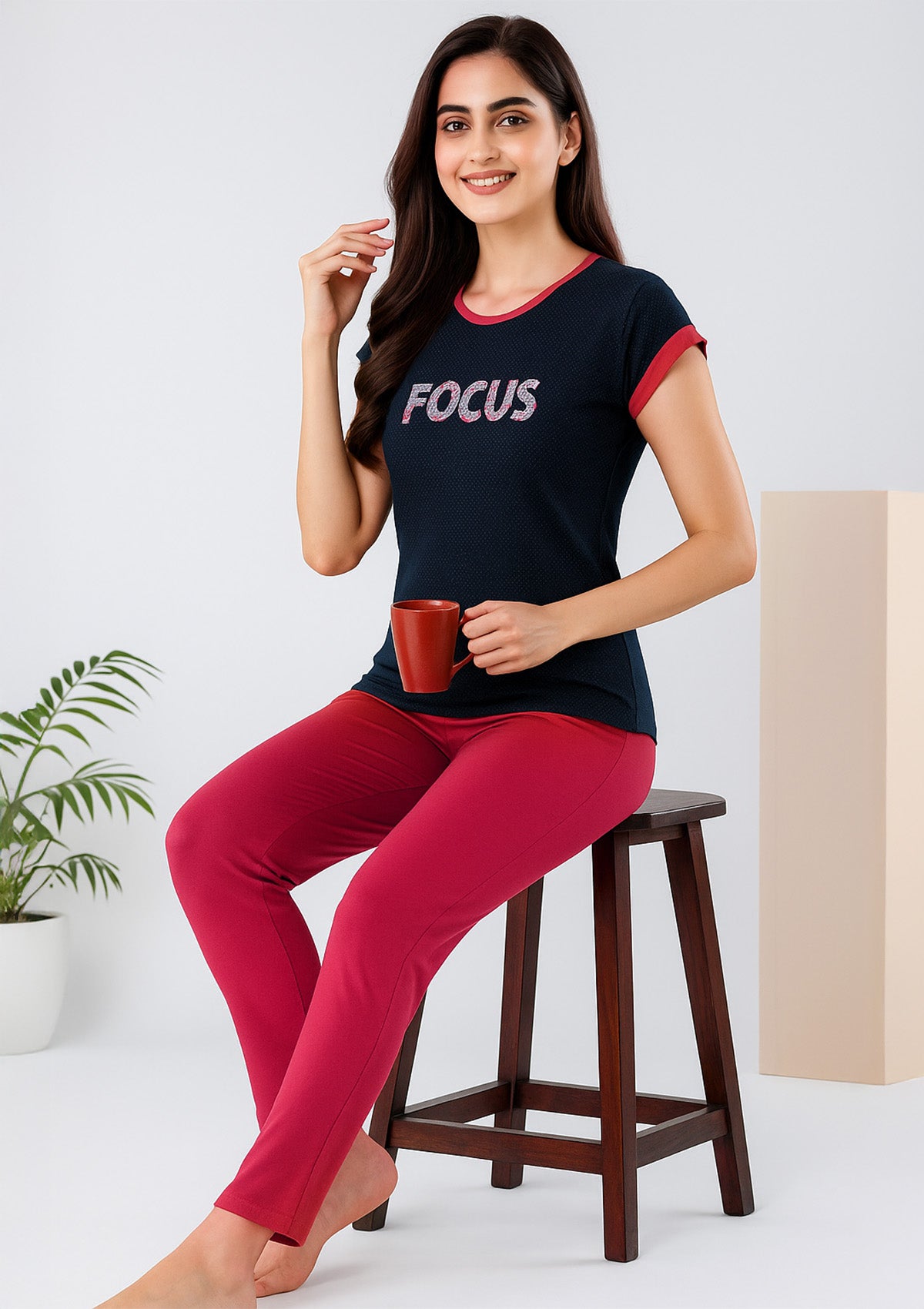 Navy Dot Tee and Pink Pyjama Lounge Set - Everyday Comfort