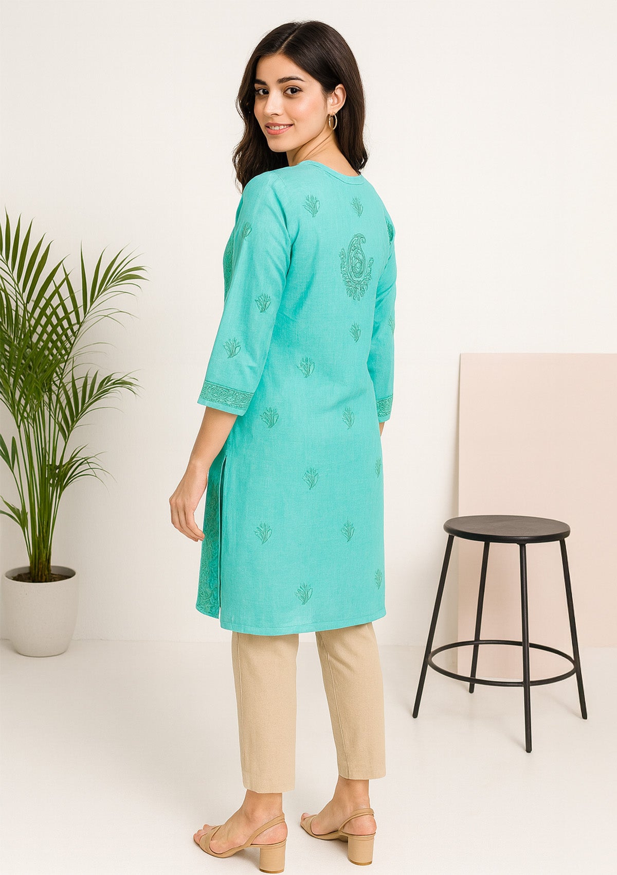 Women Cotton Kurti – Sky Green All-Over Floral Thread Embroidery