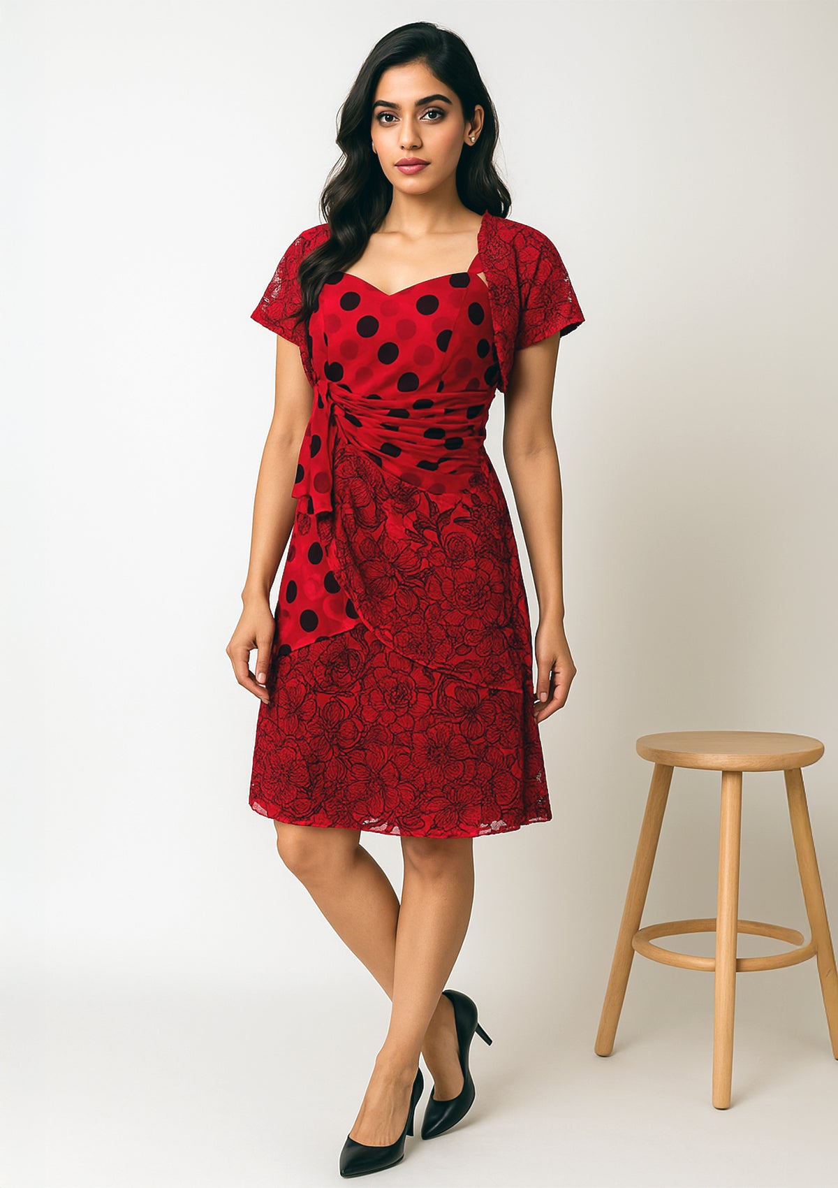 Women’s Red Net Designer Polka Dot & Floral Overlay Dress with Shrug