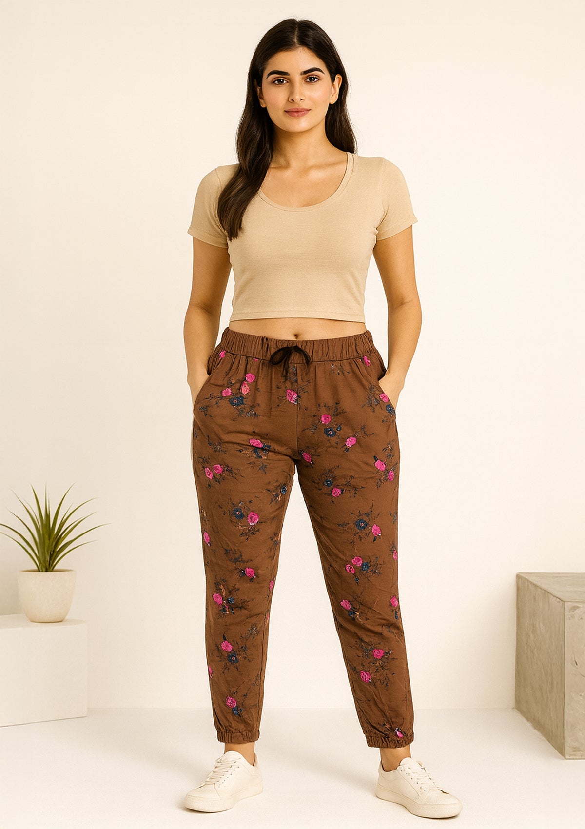Women’s Brown Floral Print Jogger Pants – Soft Hosiery