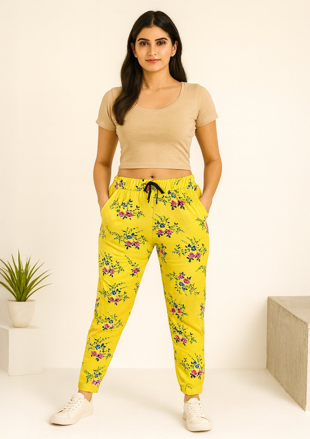 Women’s Yellow Floral Jogger Pants – Soft Hosiery with Pink & Blue Print