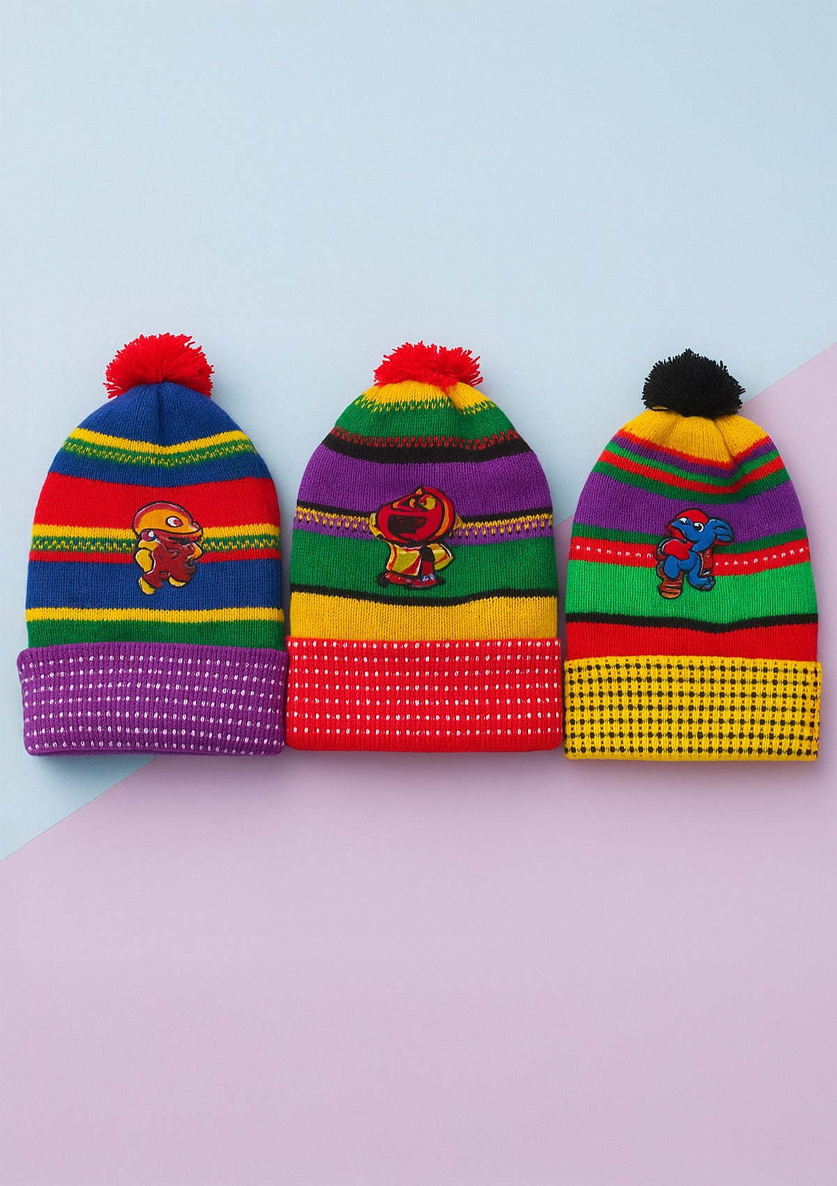 Kids Winter Caps Set of 3 – Striped Knitted Beanies with Pom Poms