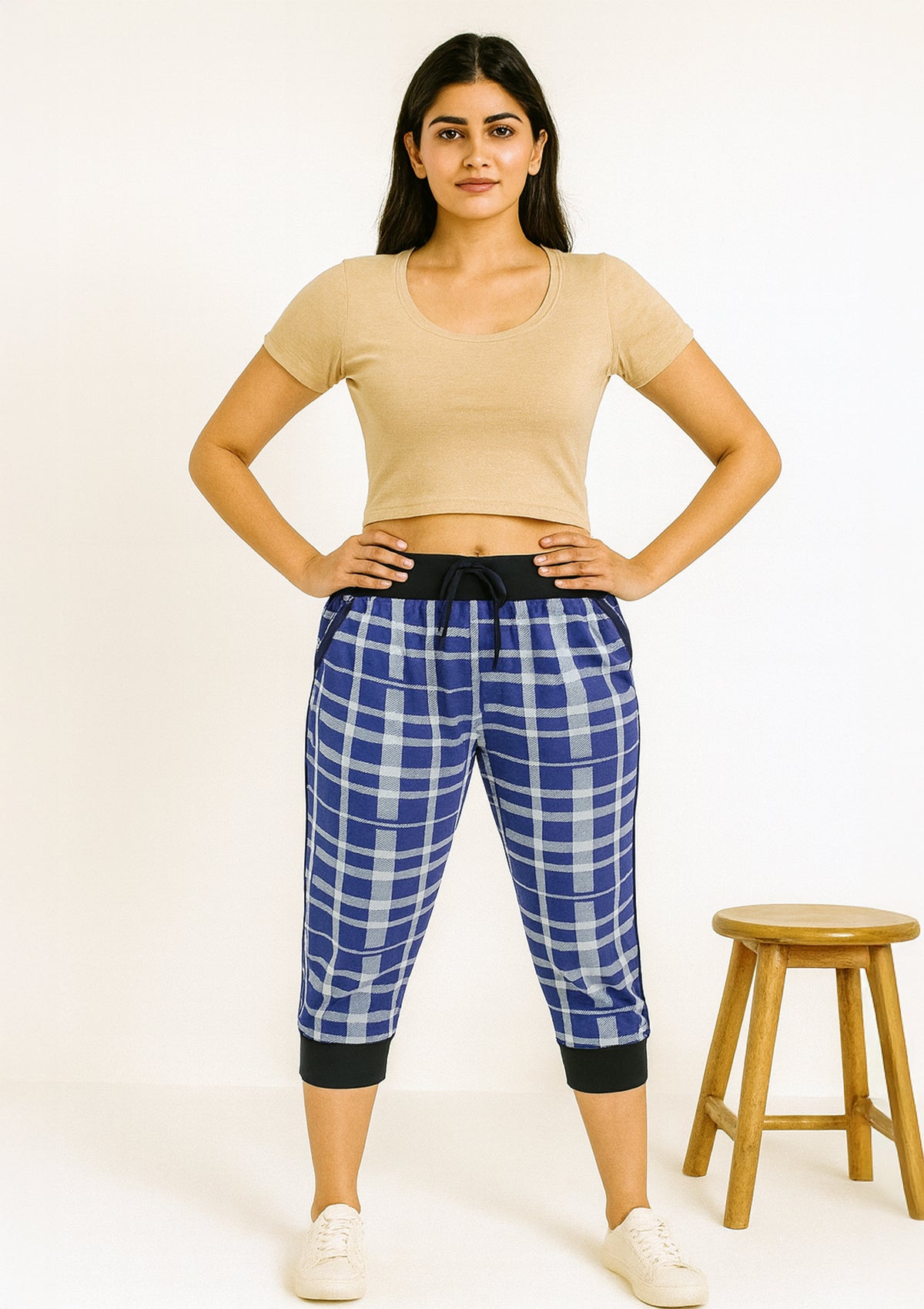 Women’s Blue Checkered Capri Shorts – Hosiery Comfort Lounge
