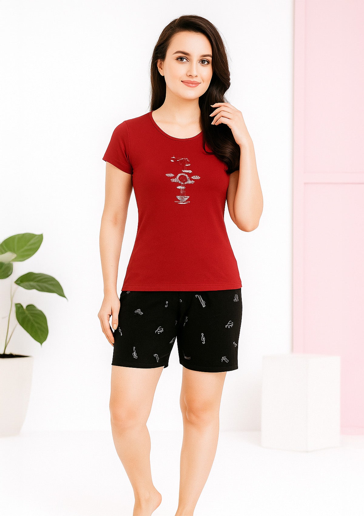 Red Graphic Tee and Black Printed Shorts Lounge Wear