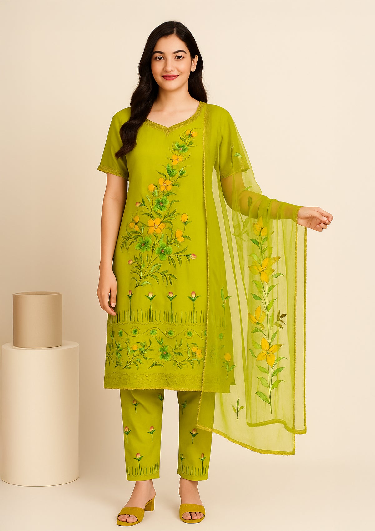 Lime Green Pure Organza Brush Print Unstitched Suit Set