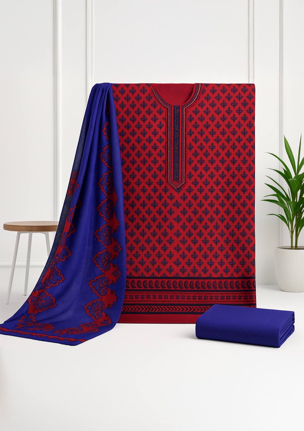 Unstitched Winter Suit Set with Chiffon Dupatta – Red & Blue Print