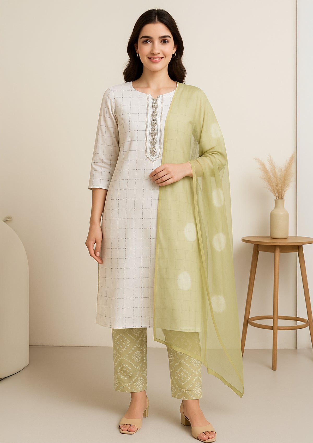 Green & Lavender White Cotton Unstitched Suit Set with Bhandani Print