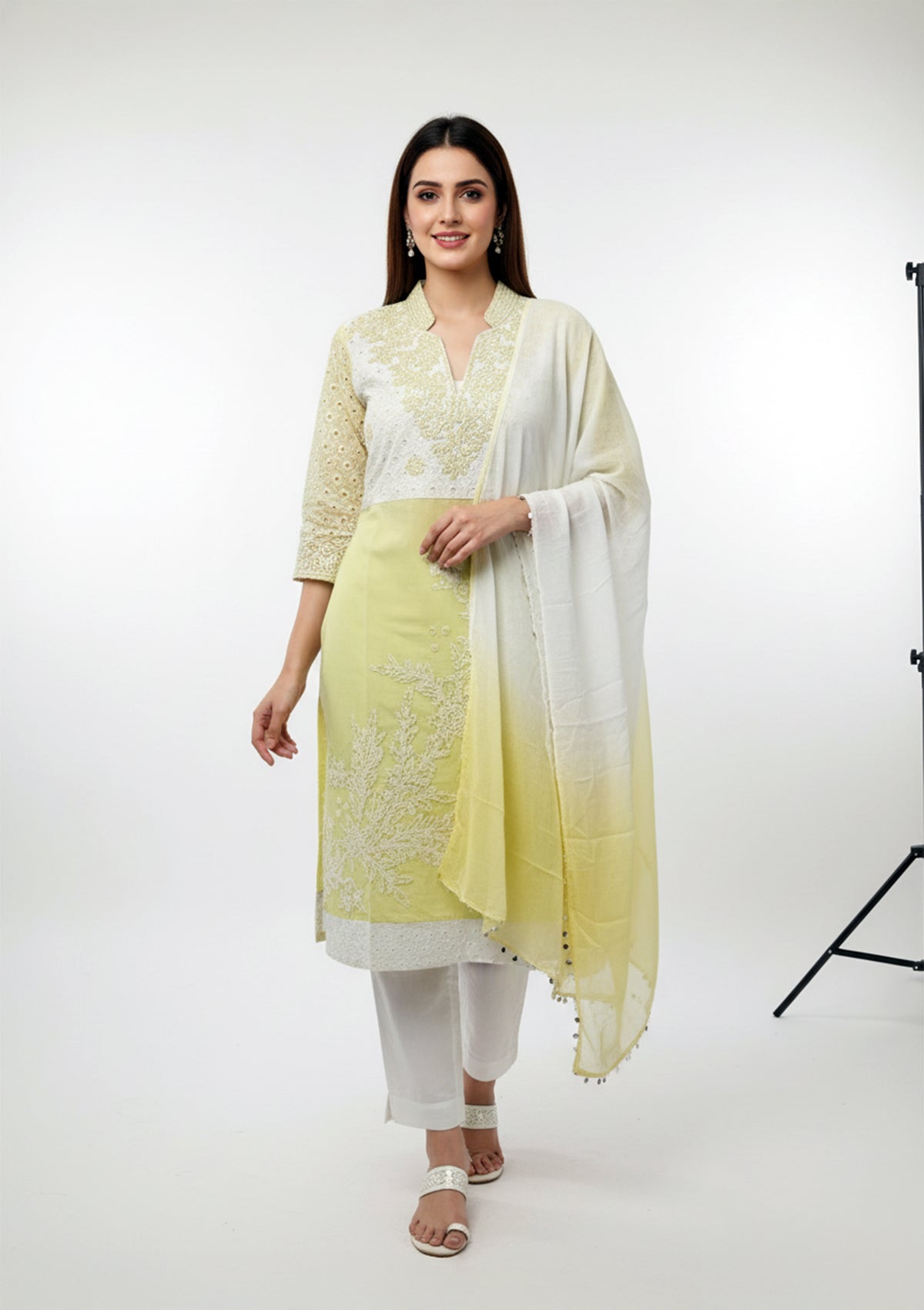 Lemon Yellow & White Embroidered Cotton Unstitched Suit Set