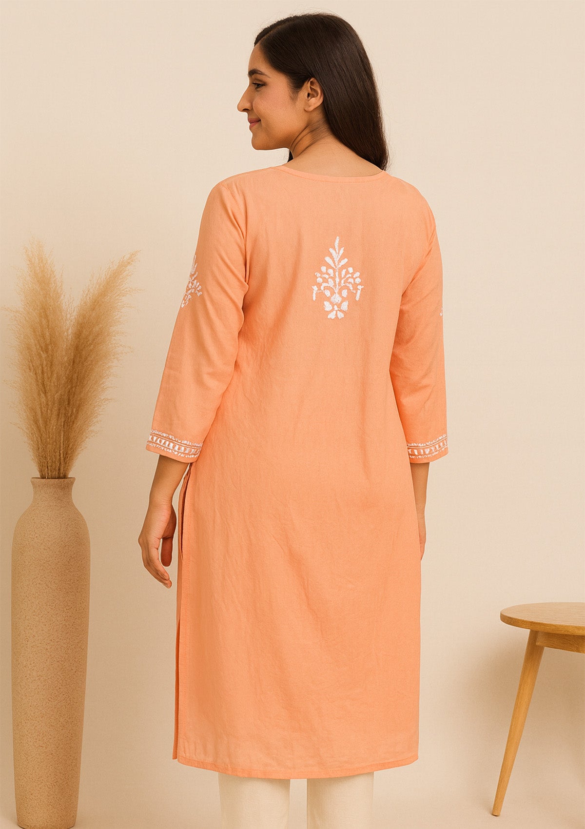 Chikankari Solid Women’s Long Kurta – Orange
