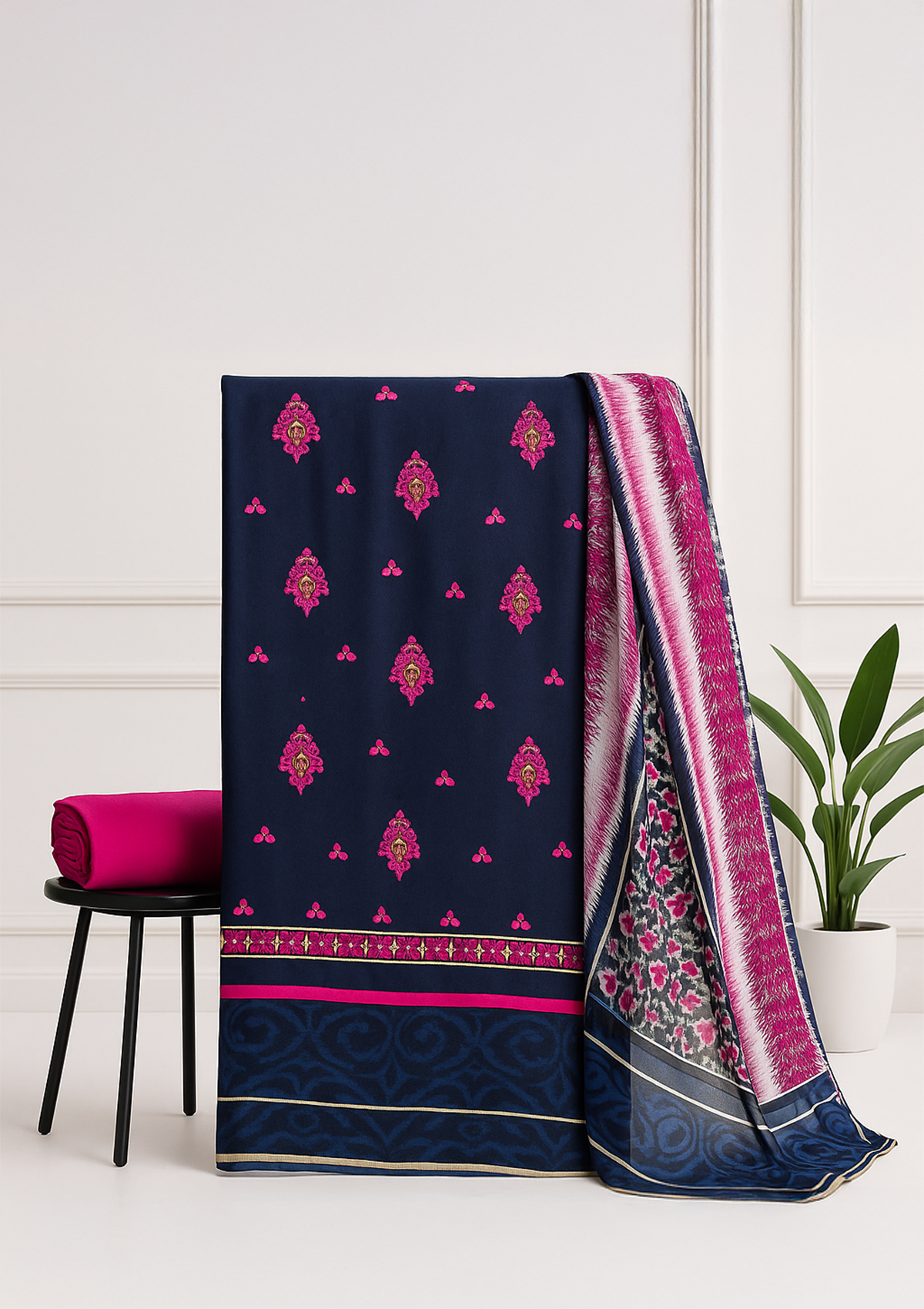 Unstitched Winter Suit Set with Dupatta – Navy & Magenta Print