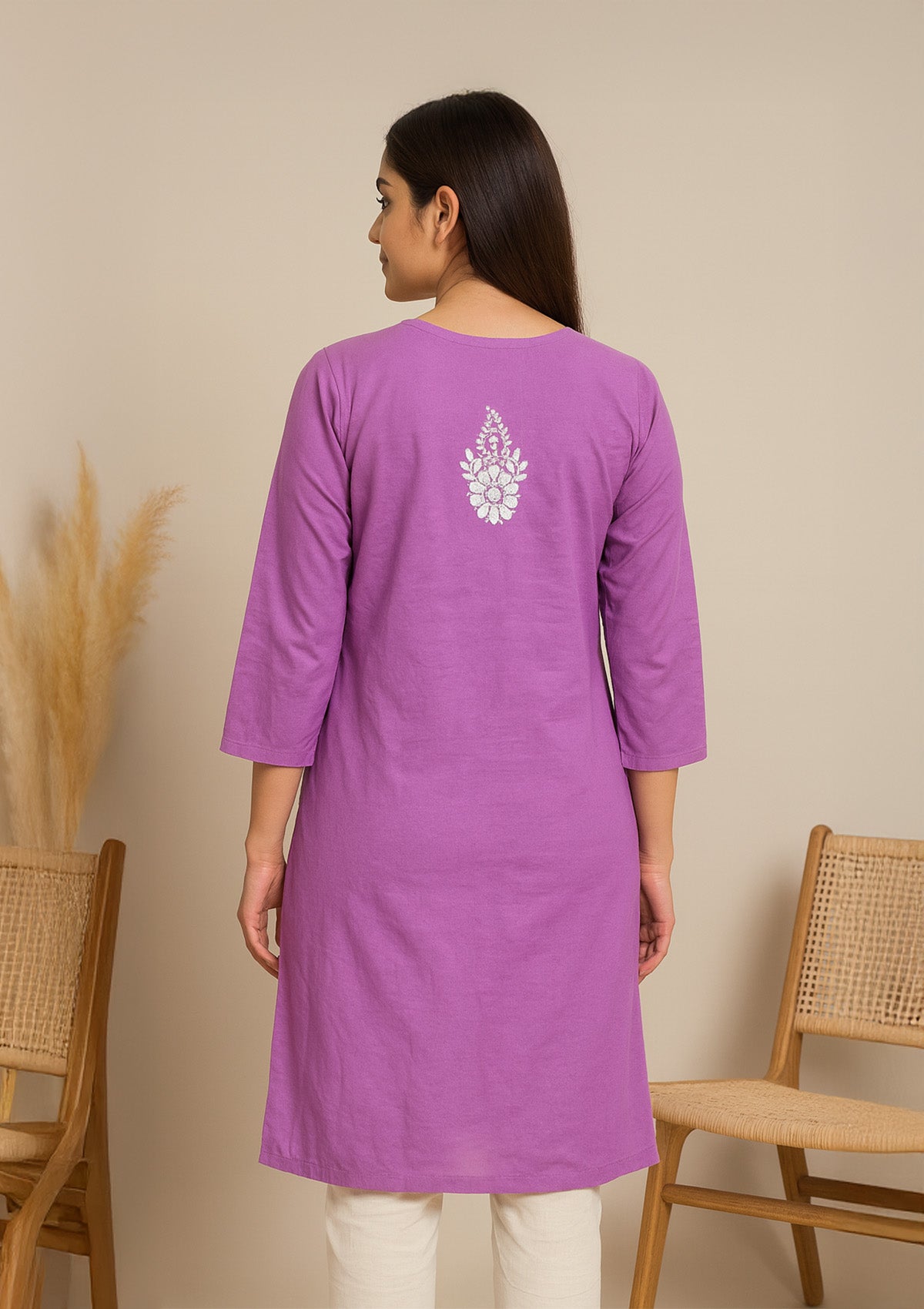 Chikankari Solid Women’s Long Kurta – Purple with White Embroidery