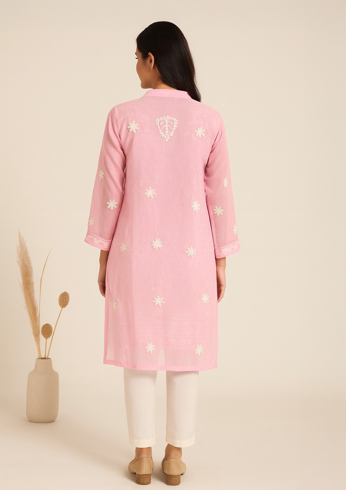 ClothingSutra Pink Georgette Embroidered Kurti – Sheer Elegance