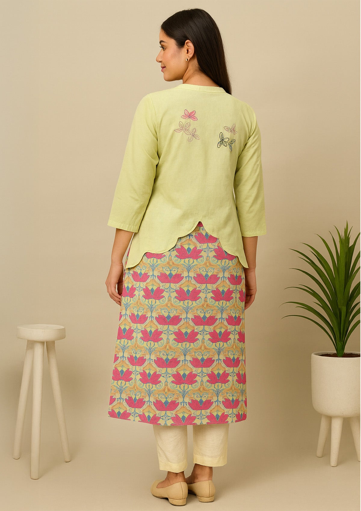 Light Green Cotton Kurti with Butterfly Motifs