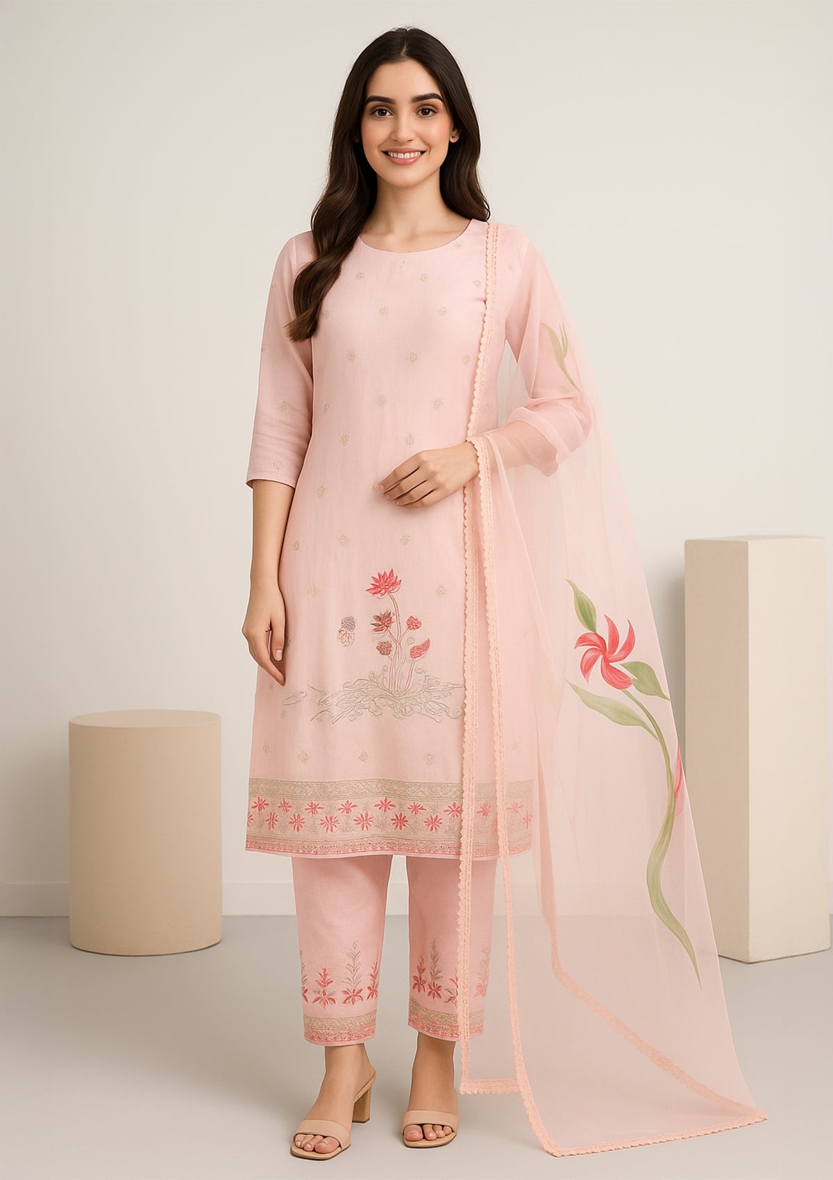 ClothingSutra Pastel Pink Pure Viscose Muslin Unstitched Suit Set Free size