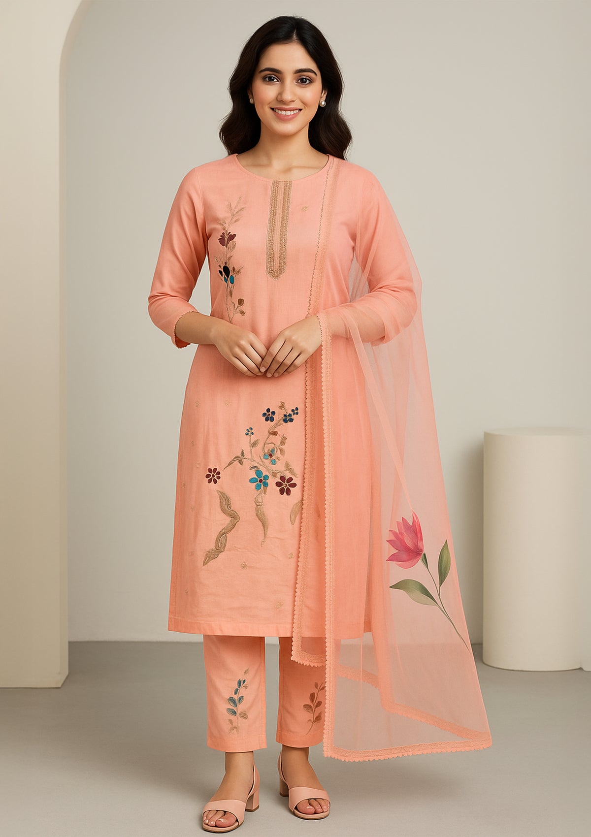 ClothingSutra Peach Viscose Muslin Unstitched Suit Set with Floral Dupatta Free size