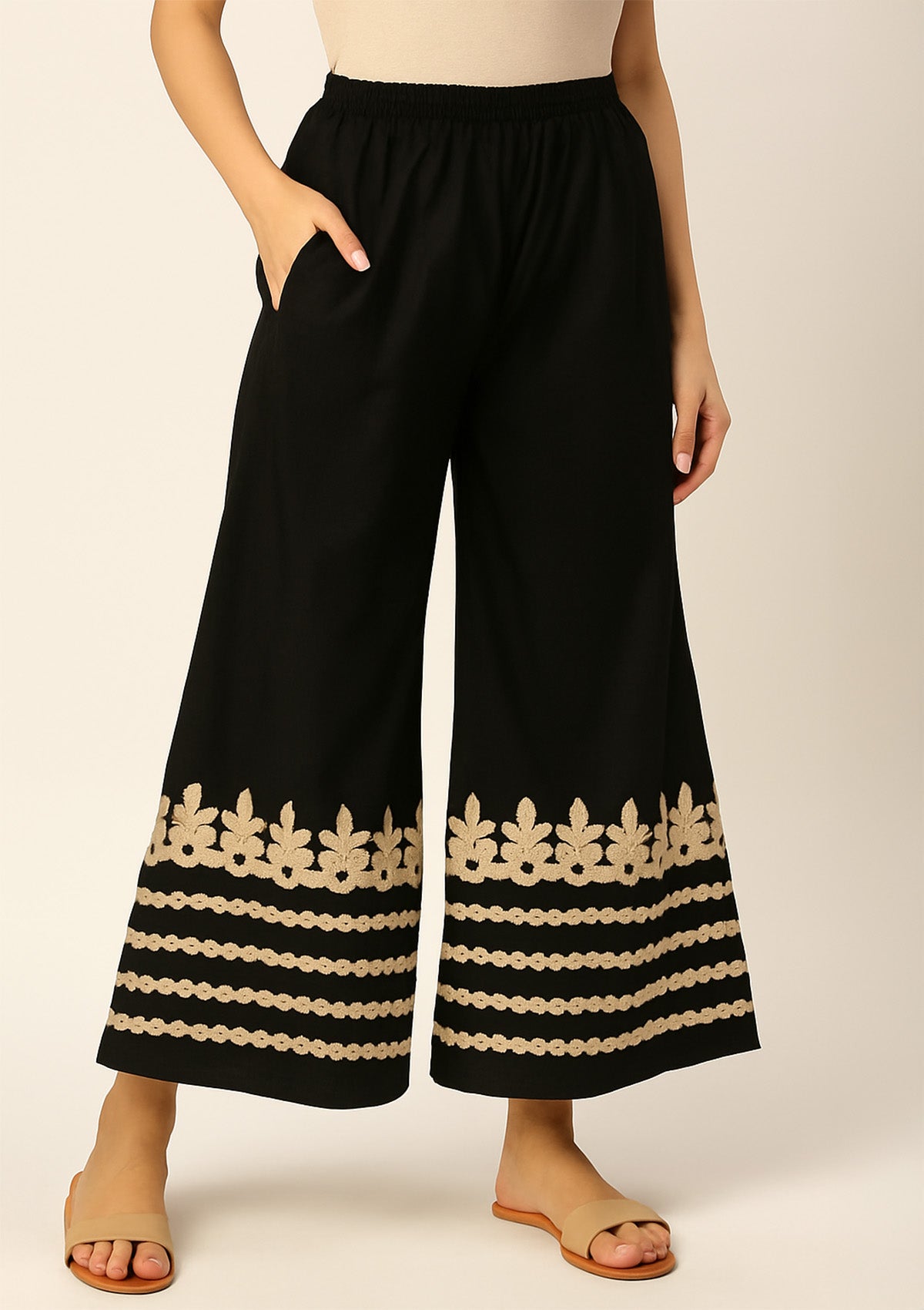 Black Rayon Palazzo with Gota Patti Work – Designer Pants
